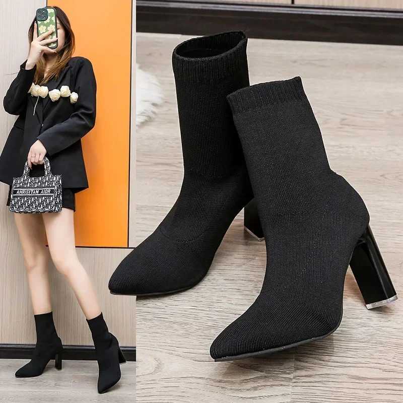 Womens Fi Heeled Ankle Boots Autumn Pointy Solid Color Streh Knitted Sock Boots Women Chunky Slip Shoes Plus-size 43XJ250217
