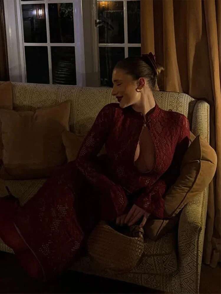 Lace Bodycon Midi Dress For Women Sexy Hip Package Hollow Out Evening Dresses Female Party Chic Lady Long Sleeve Vestidos