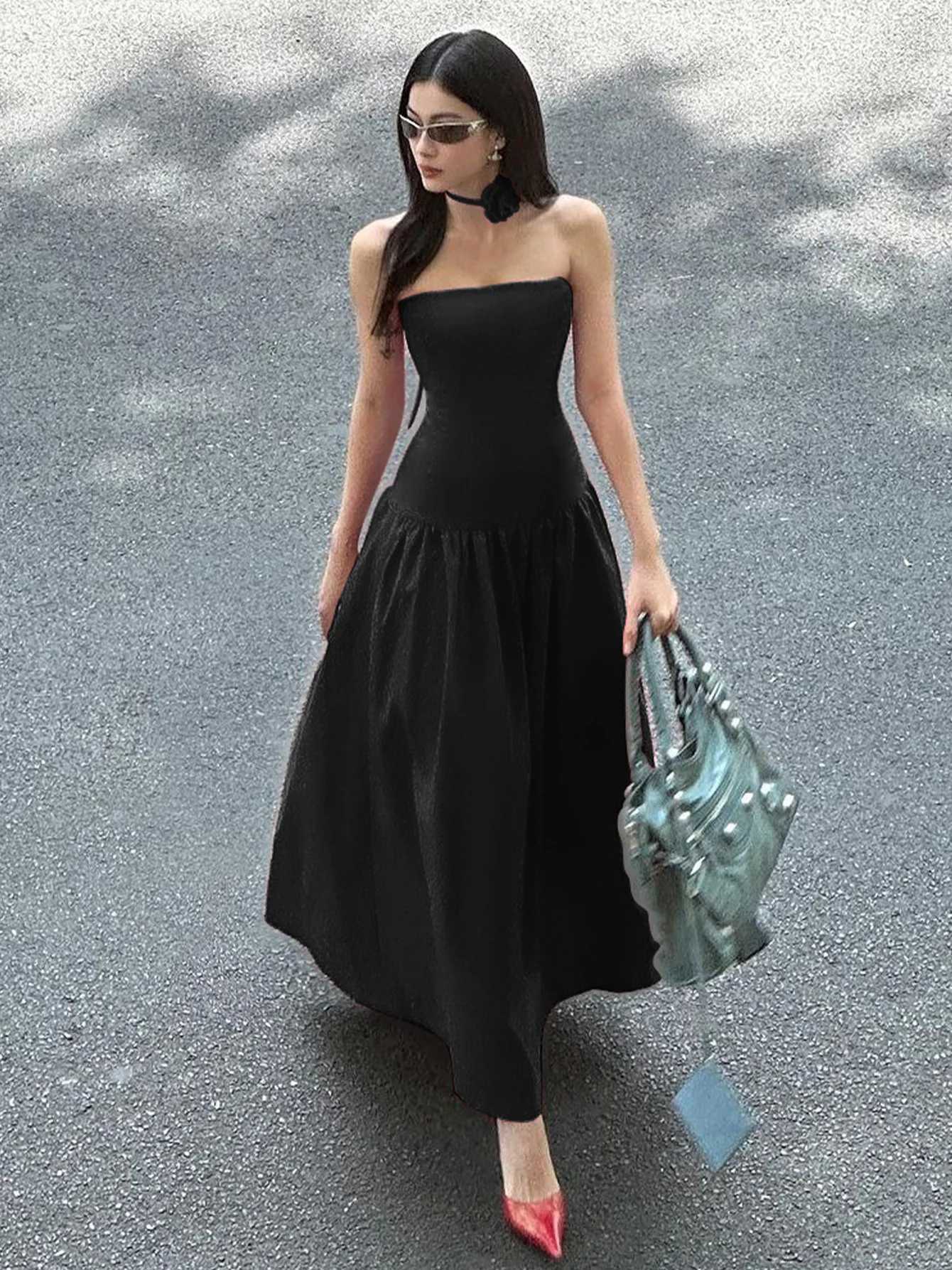 Basic Casual Dresses Lygens Elegant Evening Strapless A Line Prom Dress 2204 Fashion Y2K Korean Solid Strtwear Party Ladies Clothes Casual H25217