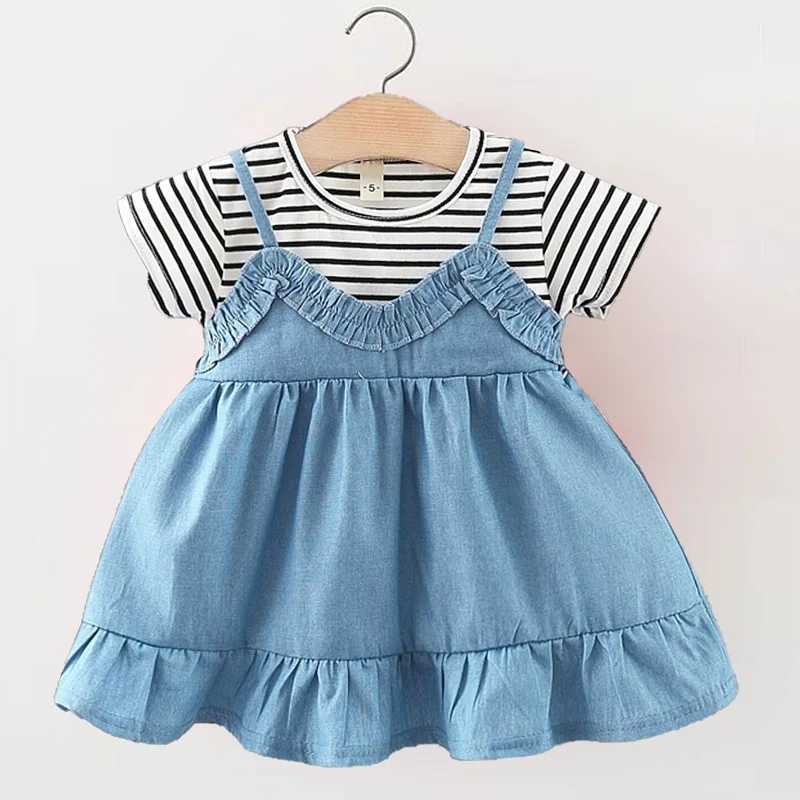 0-3-year-old summer patchwork girl short sleeved T-shirt with suspender dress set solid color striped girl princess skirt W250218