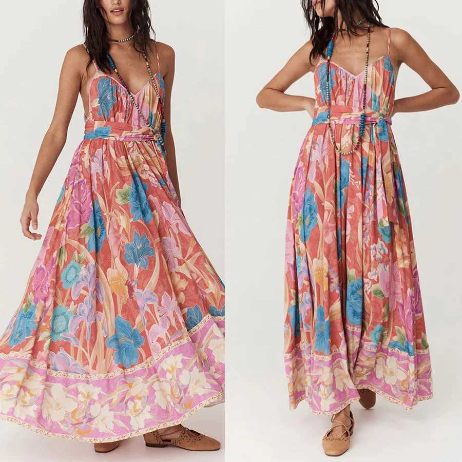 Basic Casual Dresses Ladies Slveless Backless Summer Casual Womens Dresses Flower Printed V Neck Slip Long Dress 2025 Holiday Beach Loose Vestidos H25