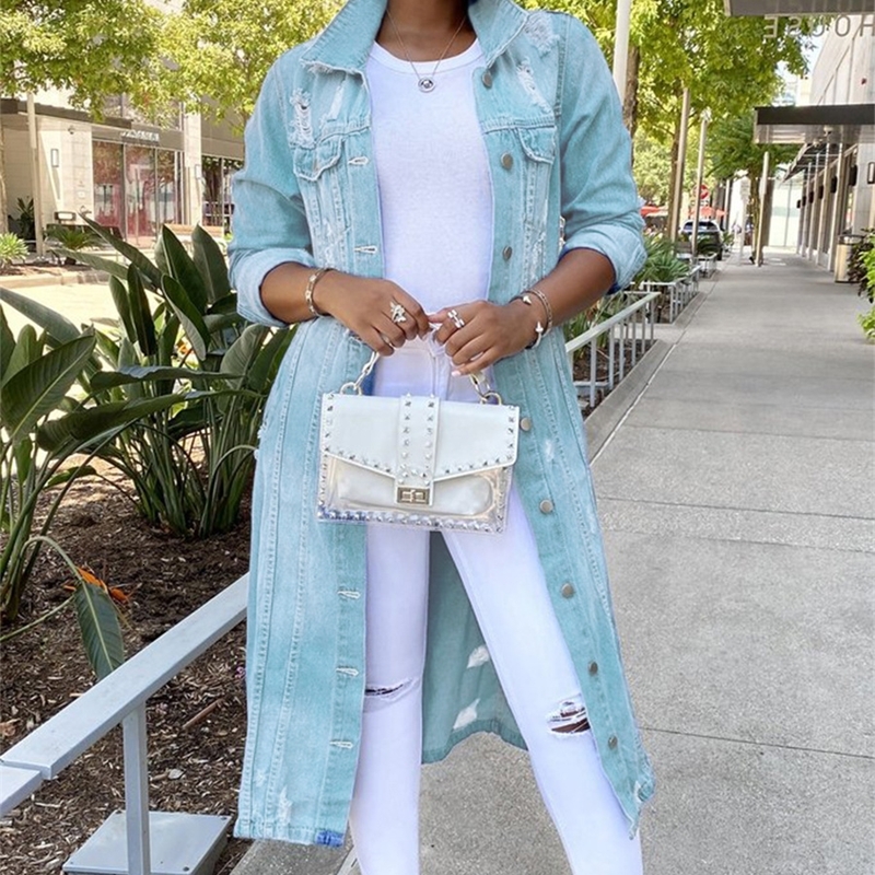 Women Jackets Autumn And Winter New Denim Long Windbreaker Coat Hole Denim Coat Female