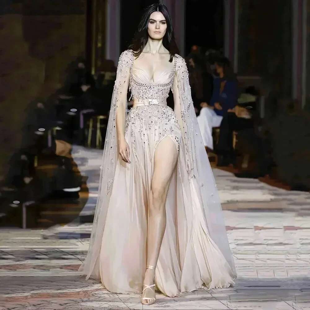 Champagne Arabic Dubai Evening Dress Celebrity Beaded Tassel High Slit Women Evening Party Customize BLA