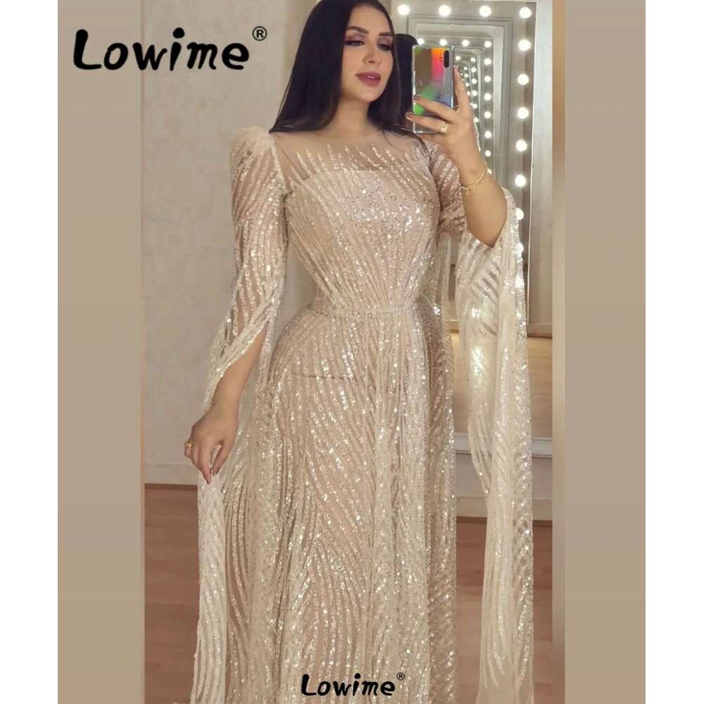 Sequins Shiny Long Sleeves Dubai Evening Dresses Customized Plus Size Mermaid Arabic Women Dress Party Gowns Champagne