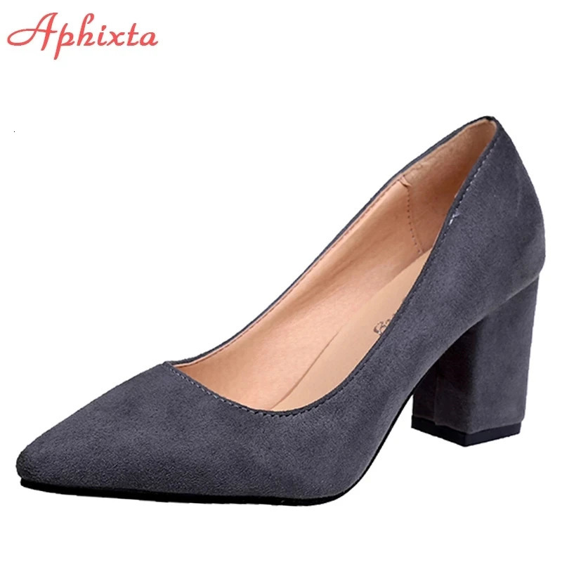 Aphixta Shoes Square Heel Women Pointed Toe Pumps Fashion Gray High Heels Flock Leather Black Party Shoes Plus Big size 47 48 50 250217