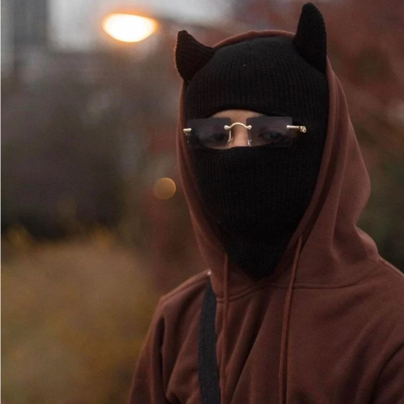 1pc Monster Ears Ski Mask Balaclava Solid Color Beanie Y2K Knit Hat Elastic Skull Hat Warm Outdoor Cycling Windproof Knitted 250218