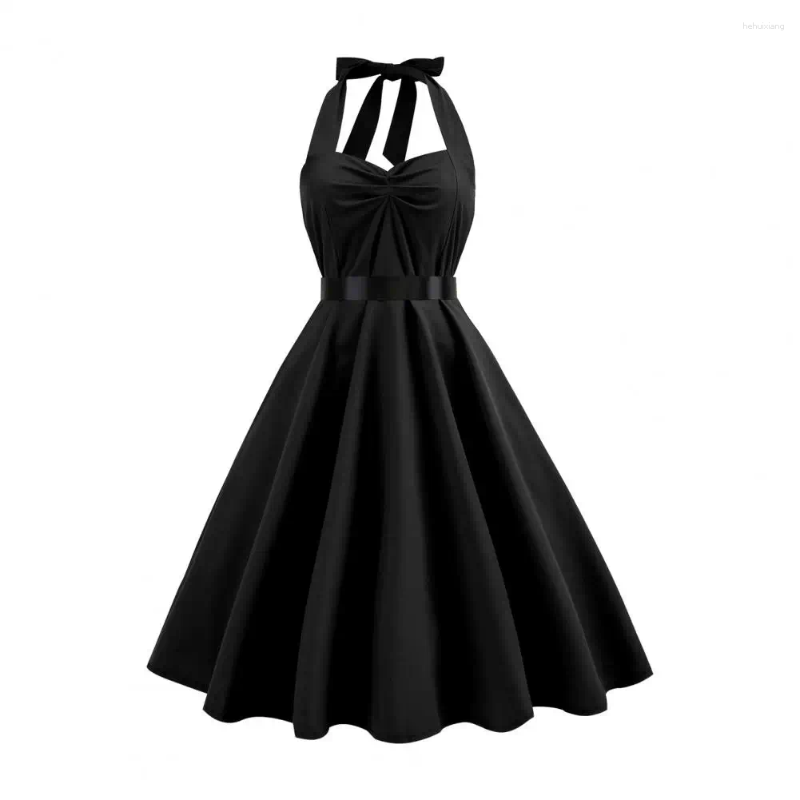 Casual Dresses Halter Neck Pleated Waist Dress Women Long Elegant Lace-up A-line Midi For Retro Cocktail