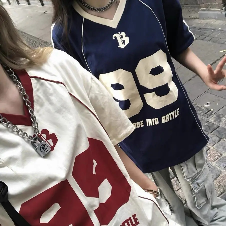 Vintage Loose Sports V-neck T Shirts Striped Letter Printed Oversized T-shirt Women Streetwear Hip Hop Loose Casual Y2k Top 250206