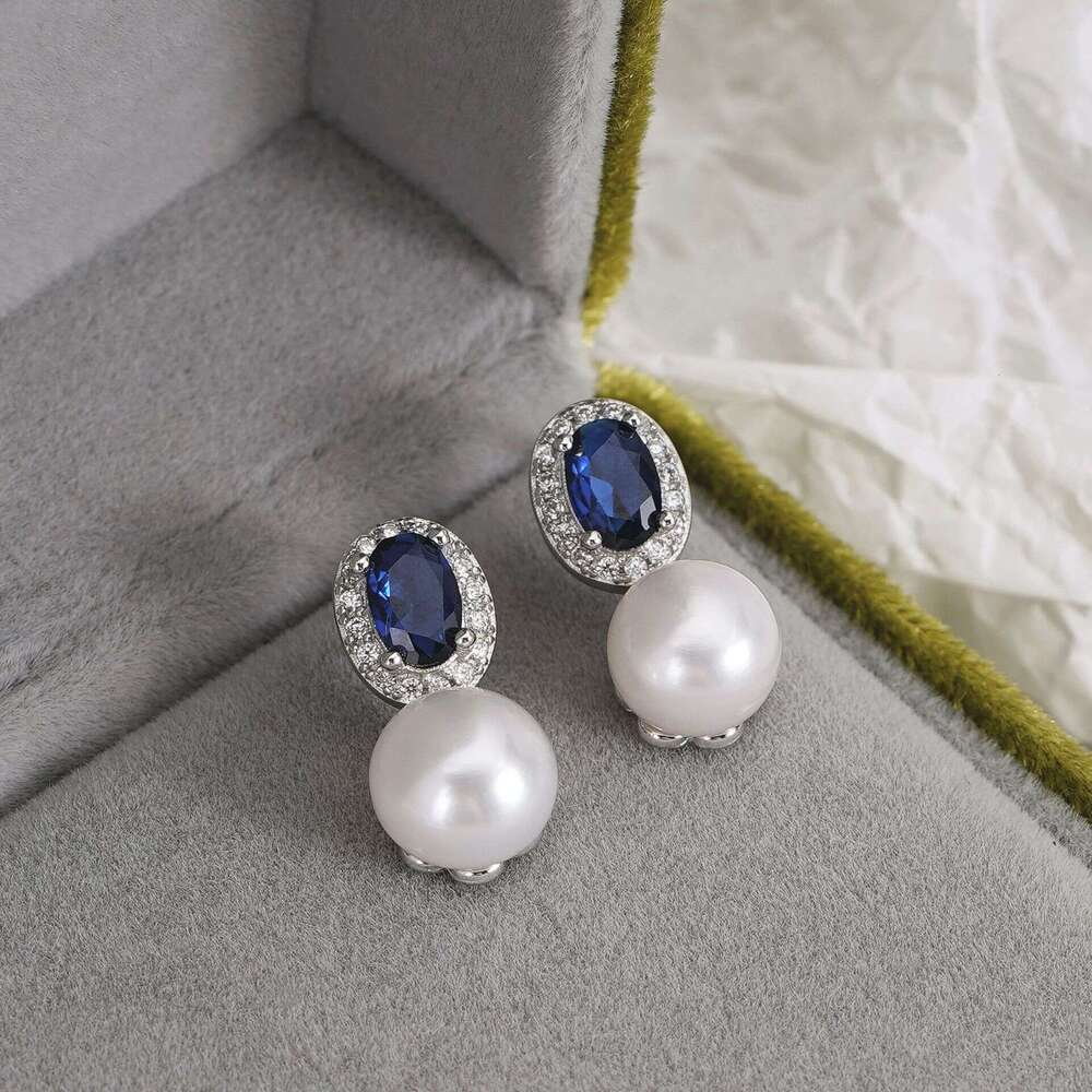 Tiqi S pure sier French freshwater pearl with women's palace style and blue zirconium inlay, niche high-end earrings