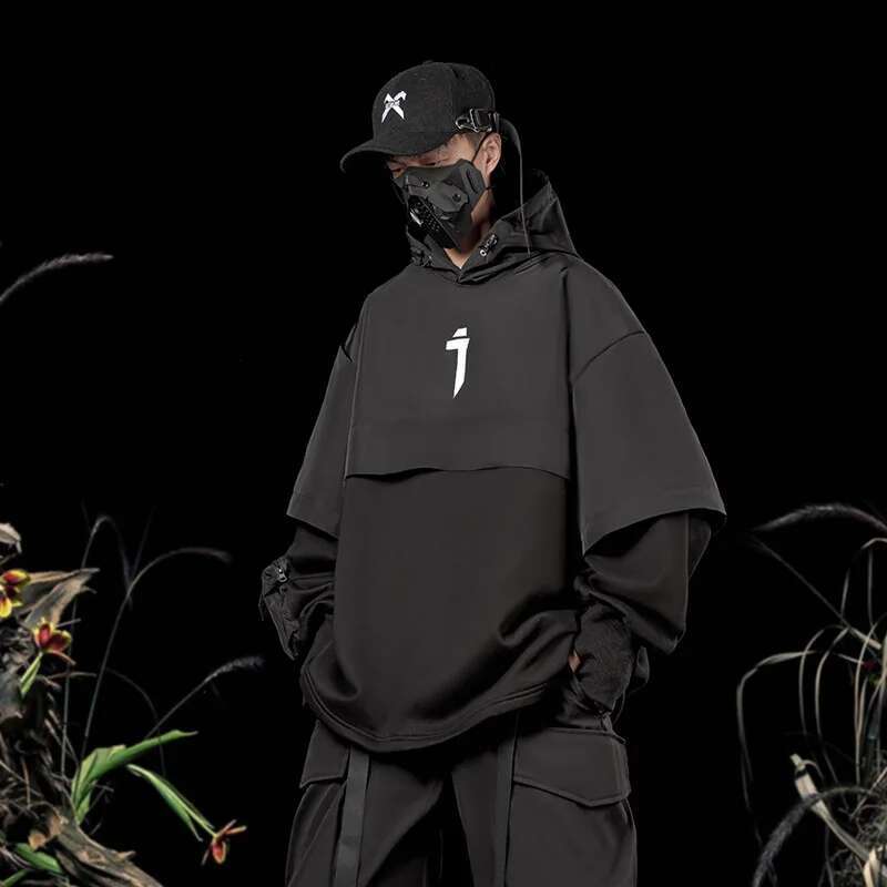 11 BYBB'S DARK Fake two Pieces Hoodie Techwear Men 2022 Embroidery Pullover Sweatshirts Patchwork Hip Hop Streetwear Hoodies