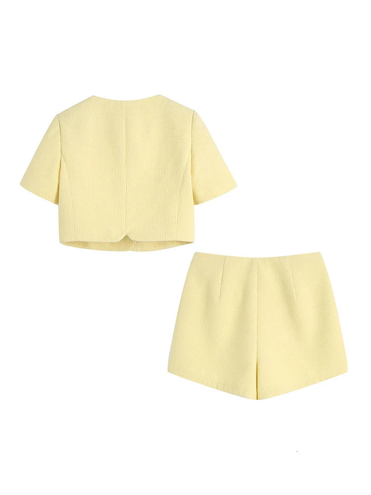 Summer Two Piece Set Elegant Textured Shorts Sets Rhinestone Button Up Crop Top And High Waist Skort Matching Sets For Women 250217