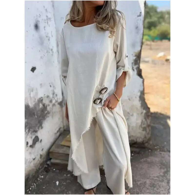 Women's 2-Piece Long Robe Dress Pants Cotton And En Solid Color Long Shirt And Wide Leg Pants Two-Piece Set