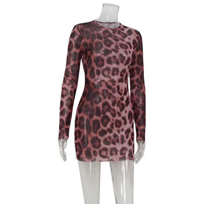 Basic Casual Dresses Ahagaga Leopard Printed Womens Mini Dresses Fashion Sheath Regular Causal Long Slves O-Neck Elegant Strtwear Vestidos Robes H2521