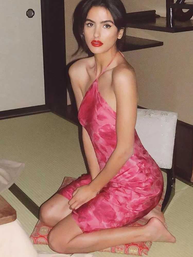 Basic Casual Dresses Dulzura Rose Print Lace Up Halter Mini Dress Women Bodycon Sexy Backless Floral Dress Party Outfit Elegant Birhtday Clothes Y2K H