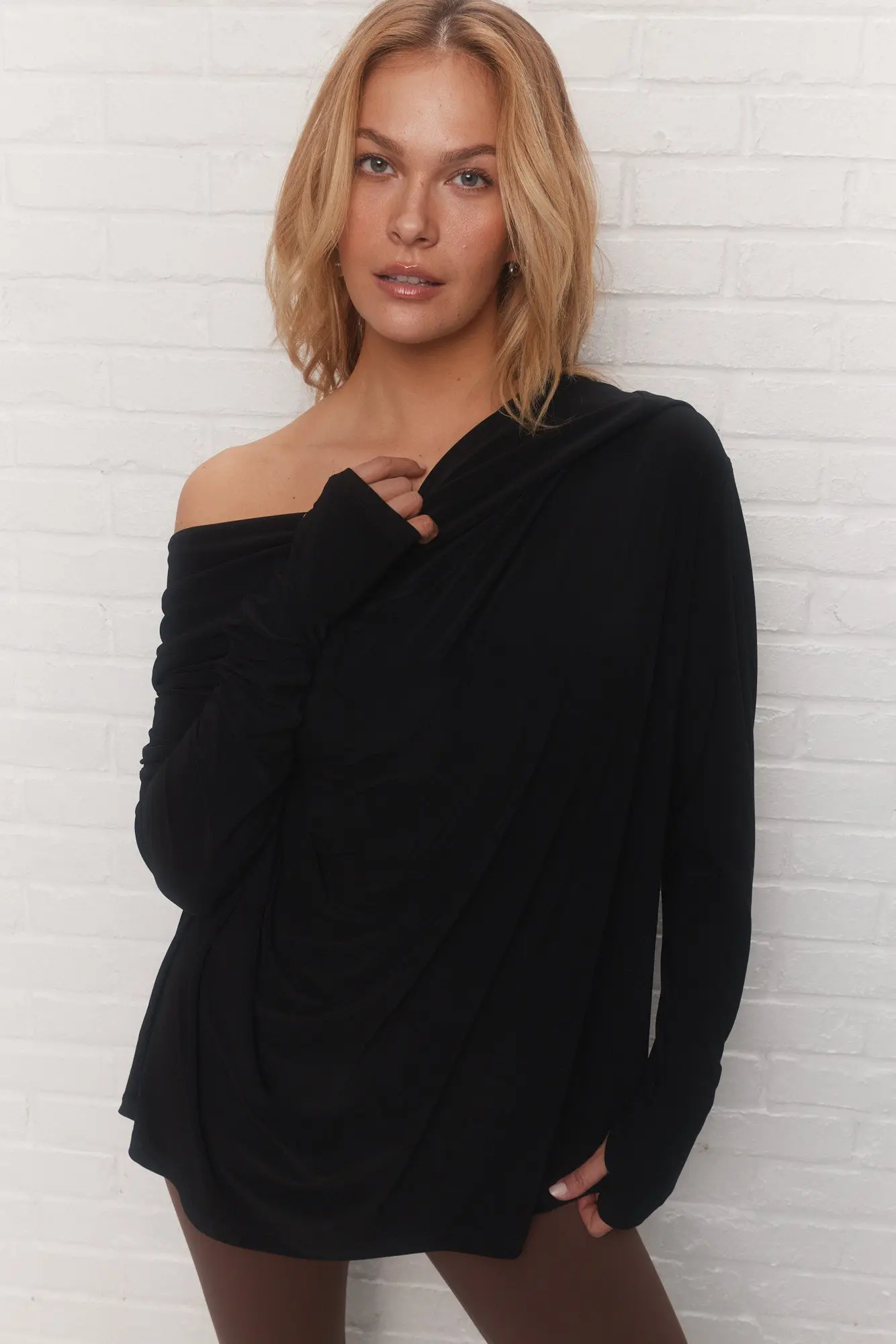 Stylish Black Loose Hooded Draped Neckline Sweater Long Sleeves Top for Women