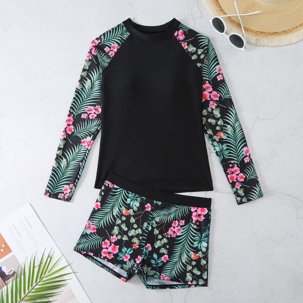 European and American long sleeved digital print conservative women's split bikini swimsuit 2025 temperament versatile new trendy clothing ins