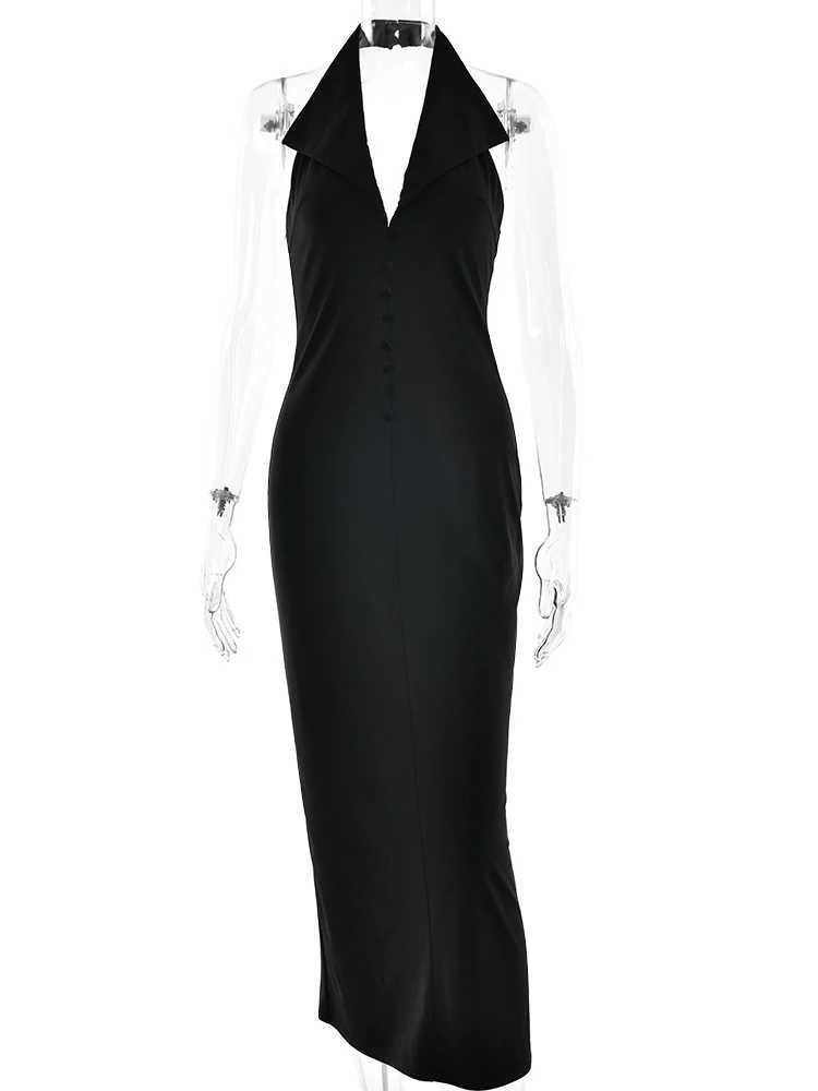 Basic Casual Dresses Fantoye Sexy Dp V-neck Halter Maxi Dress For Women Backless High Waist Dress Female Autumn New Elegant Party Club Outfits 2024 H2