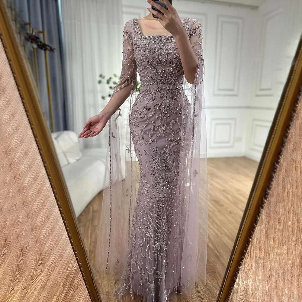 Caramel Arabic Mermaid Long Evening Dress With Beaded Cape Sleeves Gown Evening Party Customize