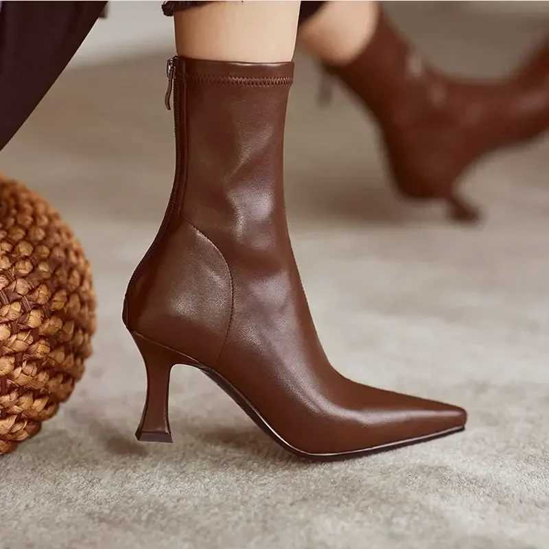 Winter Short Plush Ankle Boots for Women Fi Sexy Pointed Toe Elastic Boots Famele Soft Leather Stiletto Heels Botines MujerXJ250217