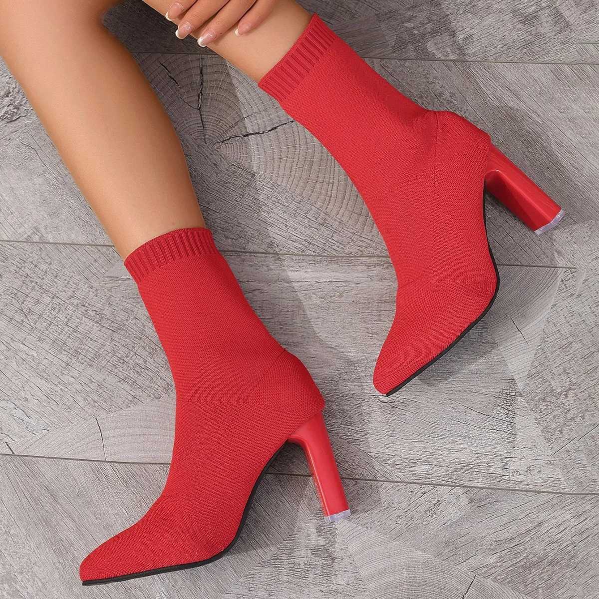 Womens Ankle Boots Girls High-heeled Elegant Fi Socks and Boots Comfortable Plus Size Red OfferXJ250217