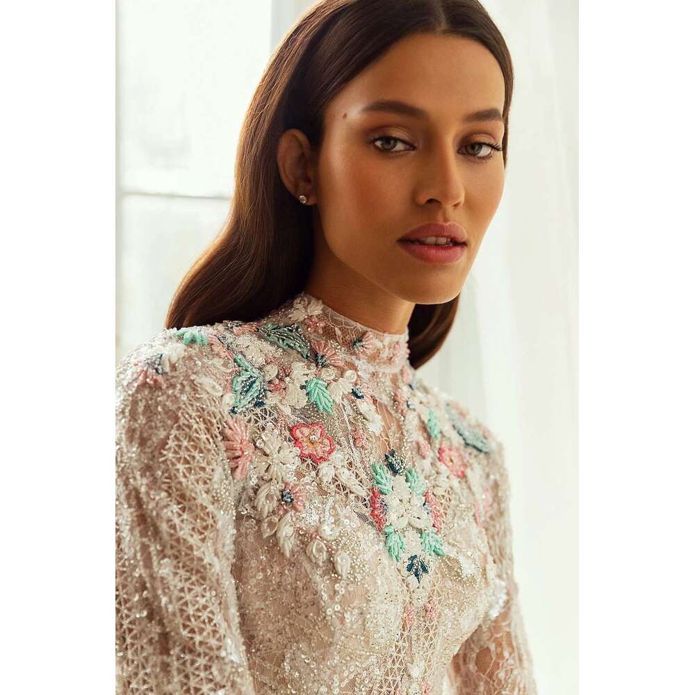 Neck High See Through Beaded Tulle Or Length Long Evening Dresses Crystal Dress For Women Lush Ball Gown