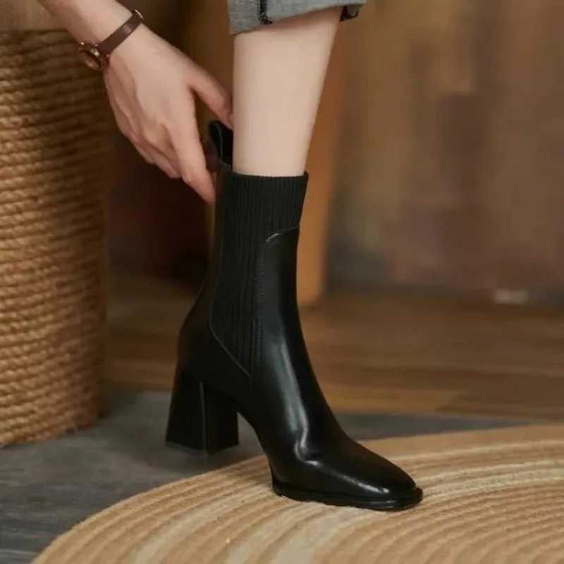 French square toe slim boots high heeled knitted short boots temperament thick heeled socks bootsXJ250217