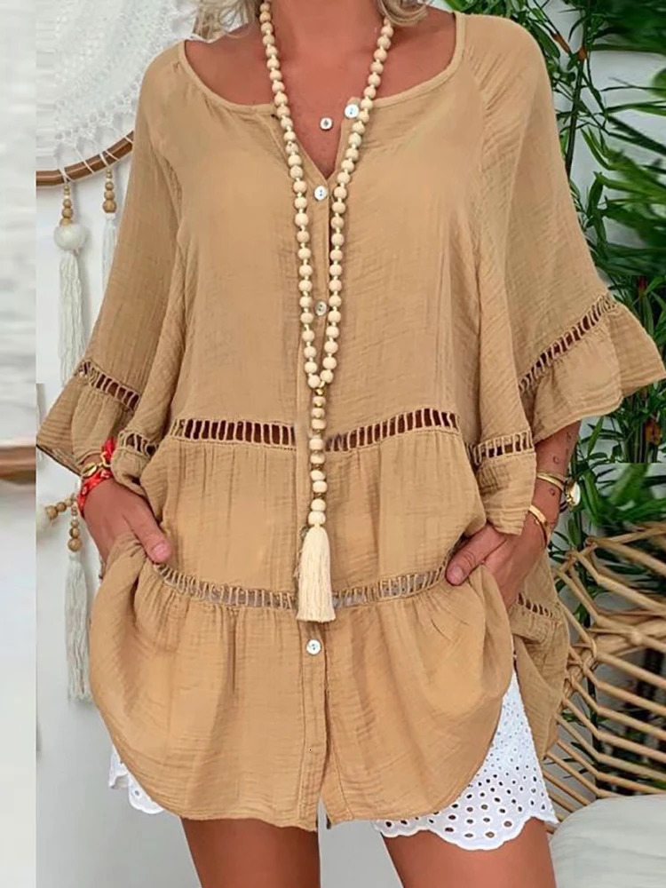 Sexy Yellow Loose Hollow Out Dress Summer V Neck Long Sleeve Cotton Linen Baggy Party Dresses Oversized S-5XL ARJ-138Y 250213