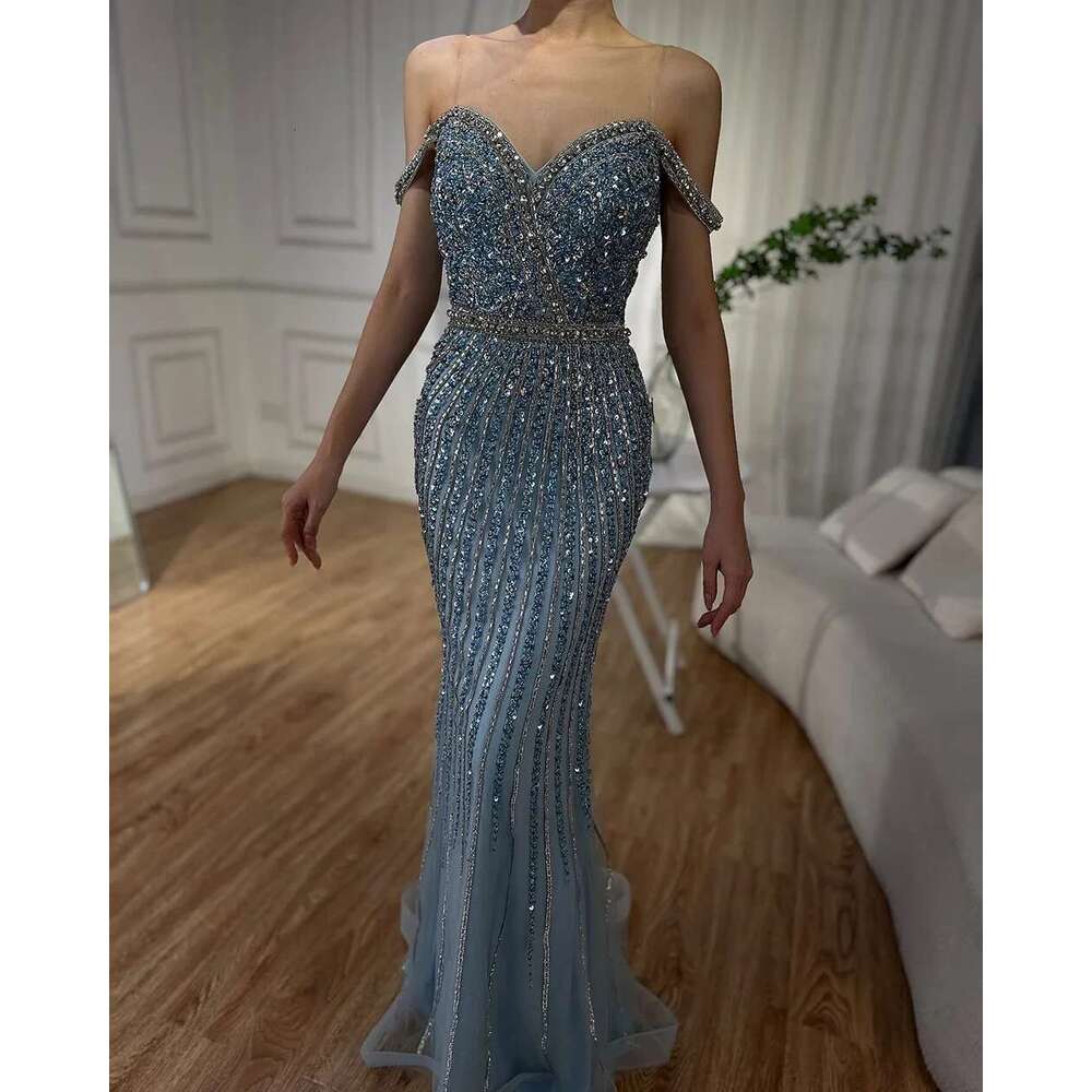 Prom Blue Mermaid Gown Beaded Saudi Evening Dress For Formal Ocn Customize BLA A mal