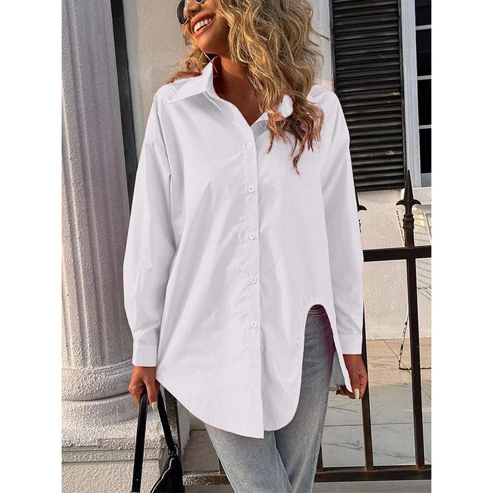 2024 Spring And Summer New Women's Solid Color Single Row Of Buttons Blouse Temperament Casual Round Neck T-Shirt Asymmetric