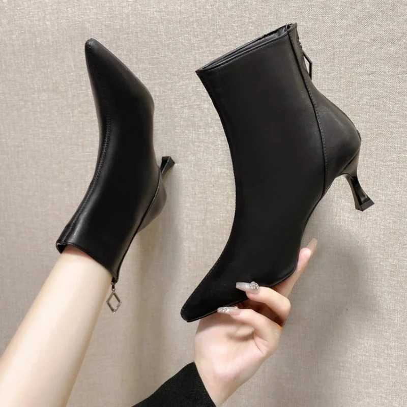 High Heels Dress Shoes Pointed Toe Bare Boots Black Booties Thin Heeled Fi Ankle Boots Ladies Shoes Womens BootsXJ250217