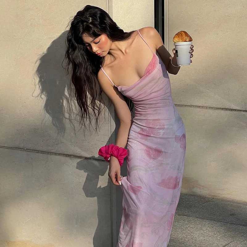 Basic Casual Dresses Lygens Mesh Print Spaghetti Bodycon Backelss WomenS Dresses Beach Vacation Elegant Evening Casual Outfit Summer Y2K Strtwear H252