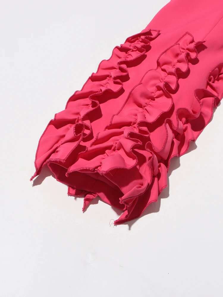 Temperament Two Piece For Women Notched Collar Long Sleeve Spliced Ruffles Blazer High Waist Flare Pant Chic Set Female