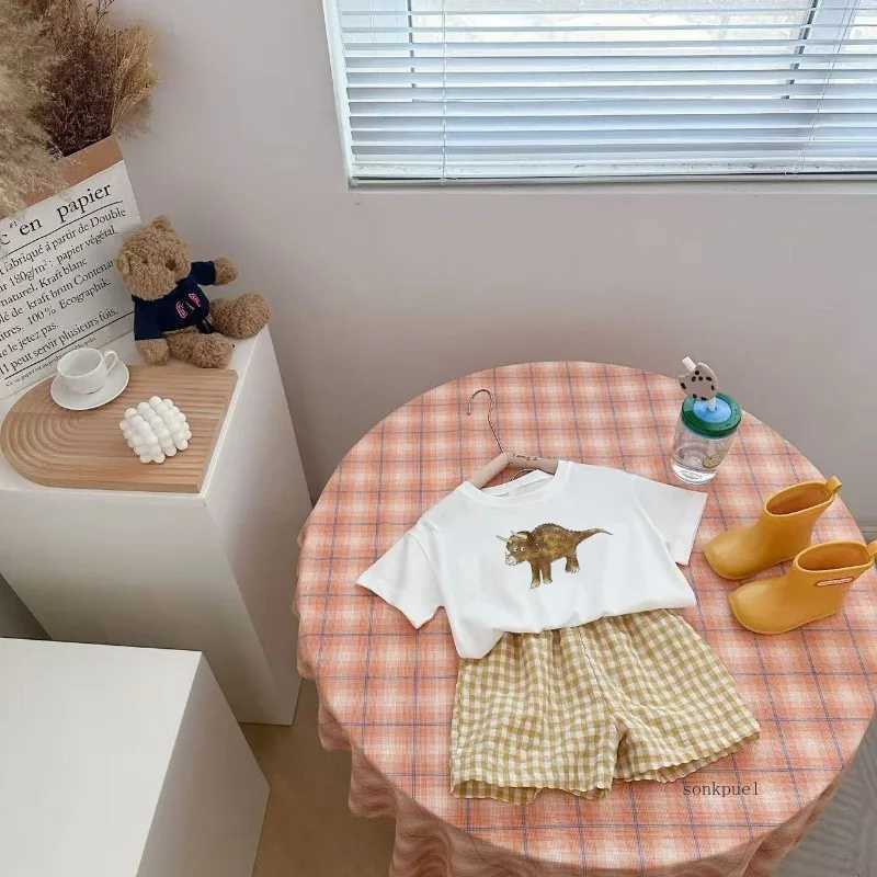 Baby clothing set for newborn boys casual dinosaur print short sleeved T-shirt+checkered shorts preschool girls summer childrens clothing set W250218
