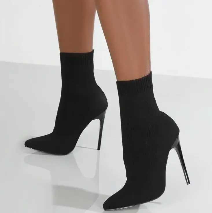 Luxury Women Socks Shoes Streh Fabric Women Ankle Boots Pointed Toe High Heels Slip- Sexy Sock Heeled Chelsea Boots SizeXJ250217