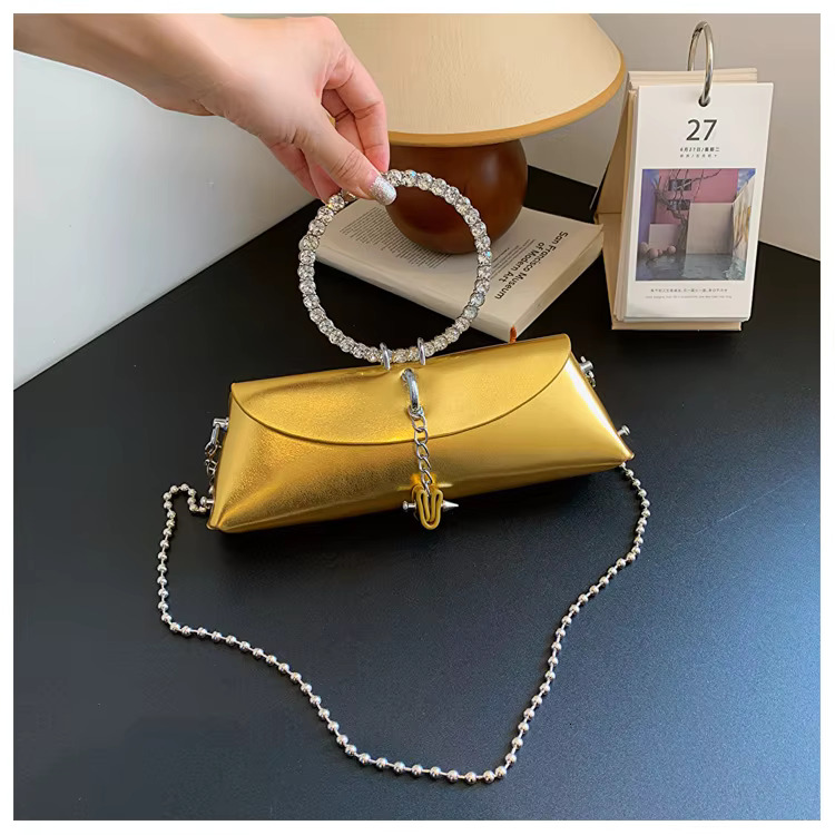 Metallic Women's Dinner Bag with Rhinestone Detail - Round Circle hot Handle, Cute Evening Clutch