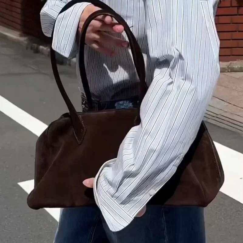 New Design Matte Coffee Color Toast Shape Bowg Tote Real Suede Leather Women Long Handle Handbag Wear-Resistant