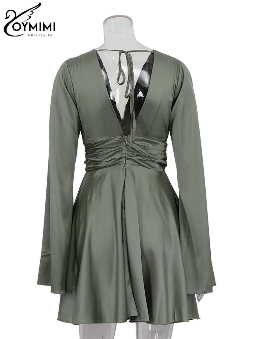 Oymimi Fashion Green Satin Women's Dress Elegant Deep V-Neck Long Sleeve Autumn High Waist Pleated Mini Dresses Female