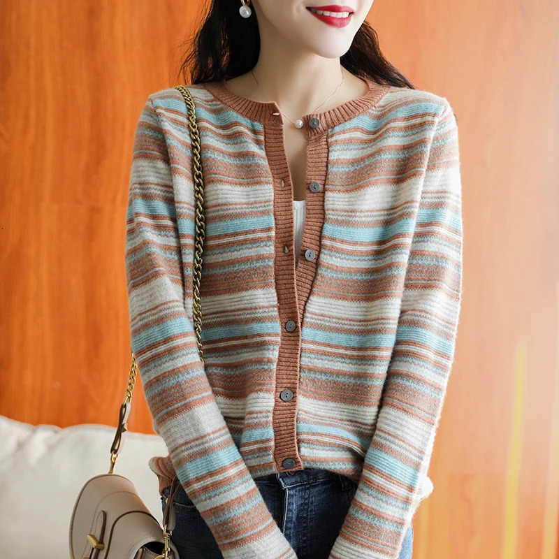 Foreign trade export coat spring and autumn wool cardigan womens Round neck knitted sweater female striped outer wear top 250211