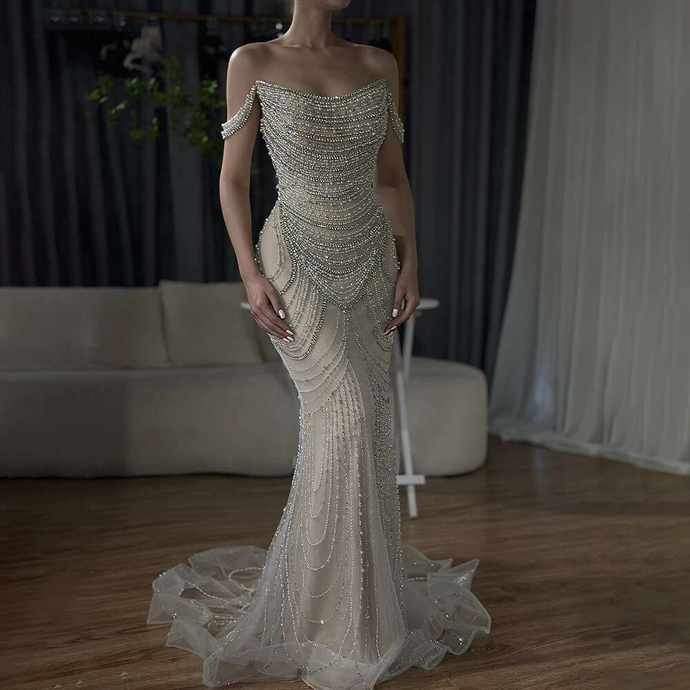 White Dubai Nude Strapless Mermaid Evening Dresses Gowns Pearls Beaded Evening Party Customize