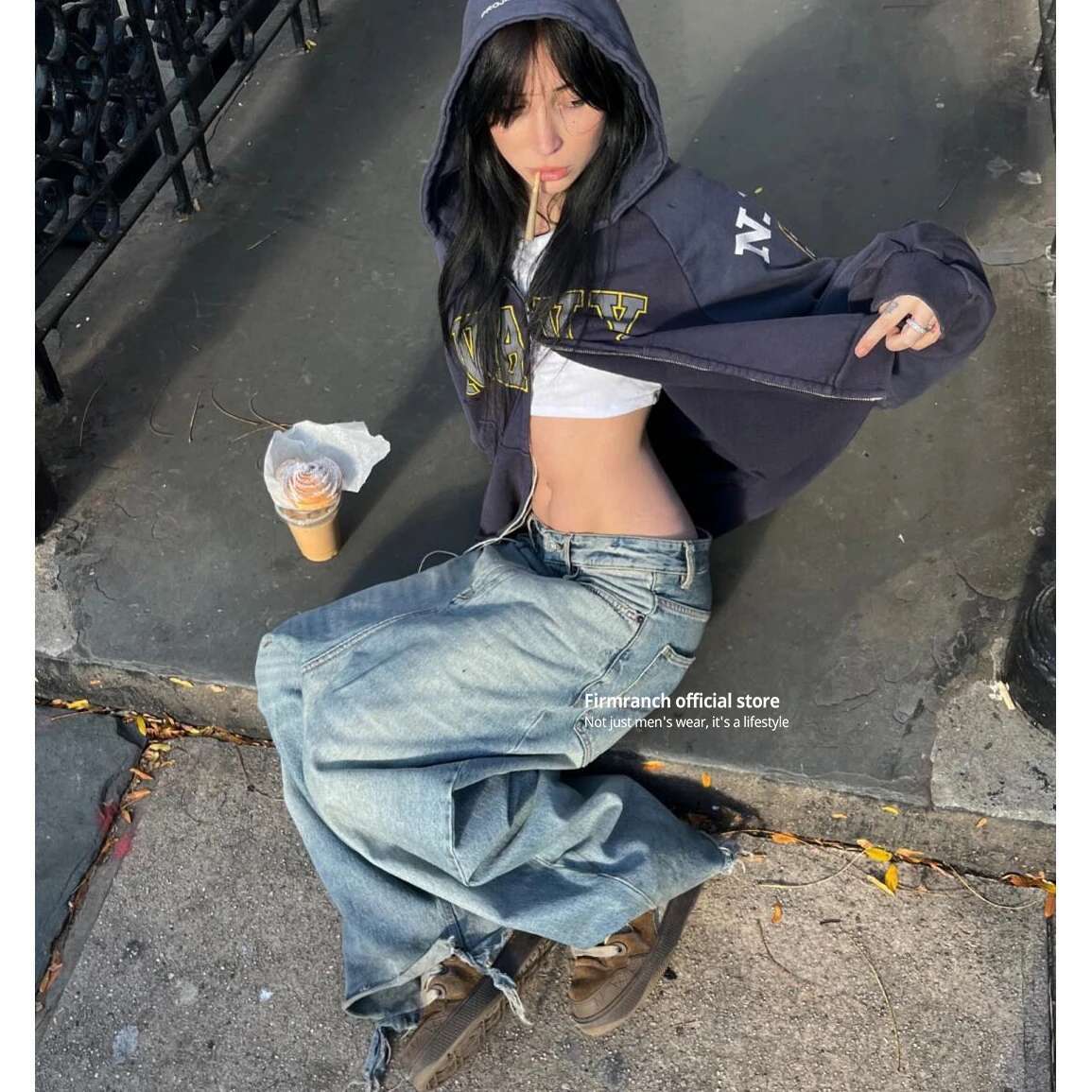 Firmranch Korean Fashion Make Old Dirty Hooded Jackets For Men Women Loose Worn Out Zip Up Hoodies Streetwear Cotton Sweatshirt