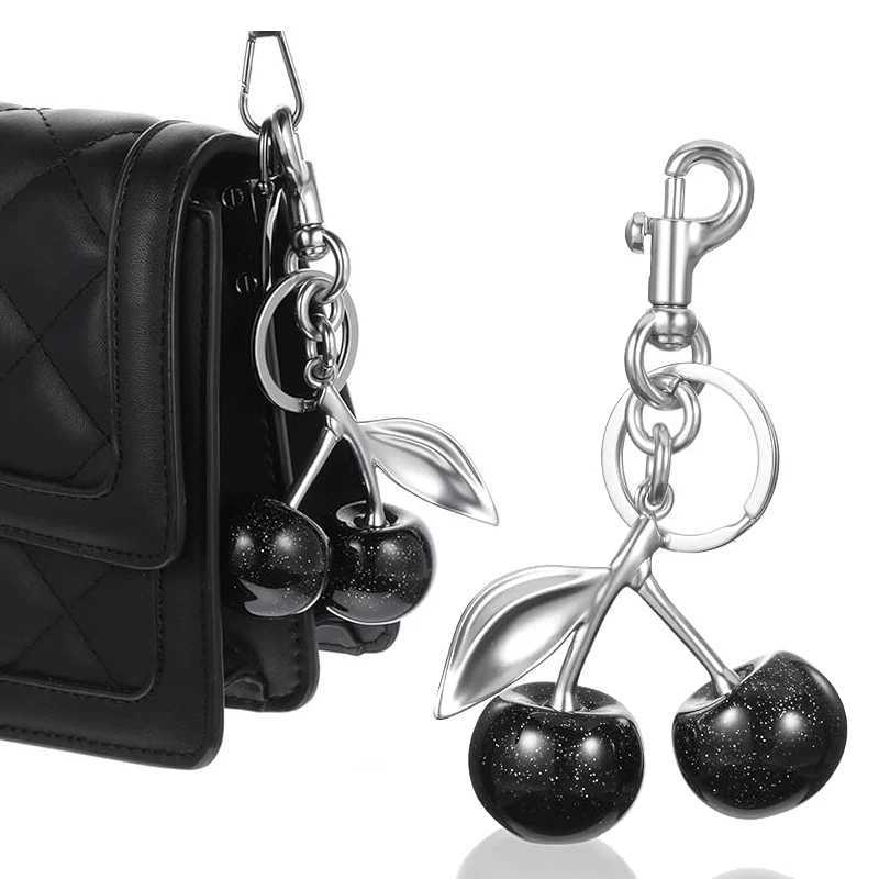 Keychains Lanyards Cherry Bag Charm Black Womens Pendant Sparkling Resin Metal Car Room Keychain Decoration Birhday Wedding Gift H250217