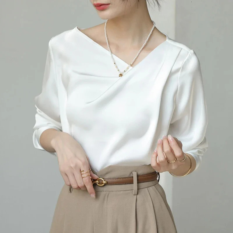 Satin Womens Shirts Silk Solid Casual Blouses Loose SpringSummer Ladies Clothing FASHION Long Sleeves White Tops 250217