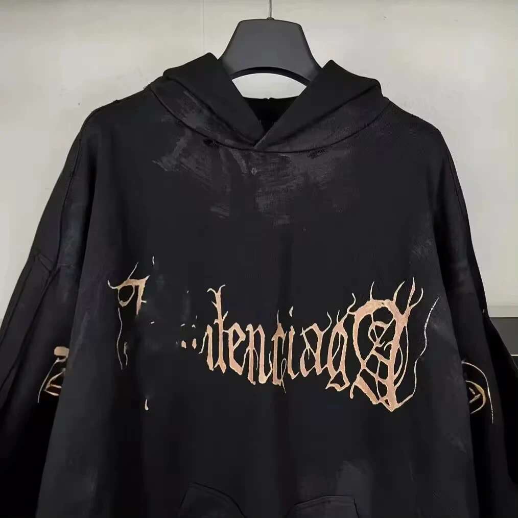 P Authentic Version Vintage Letter Hooded Sweatshirt Casual Style Loose Fit High Street Trend