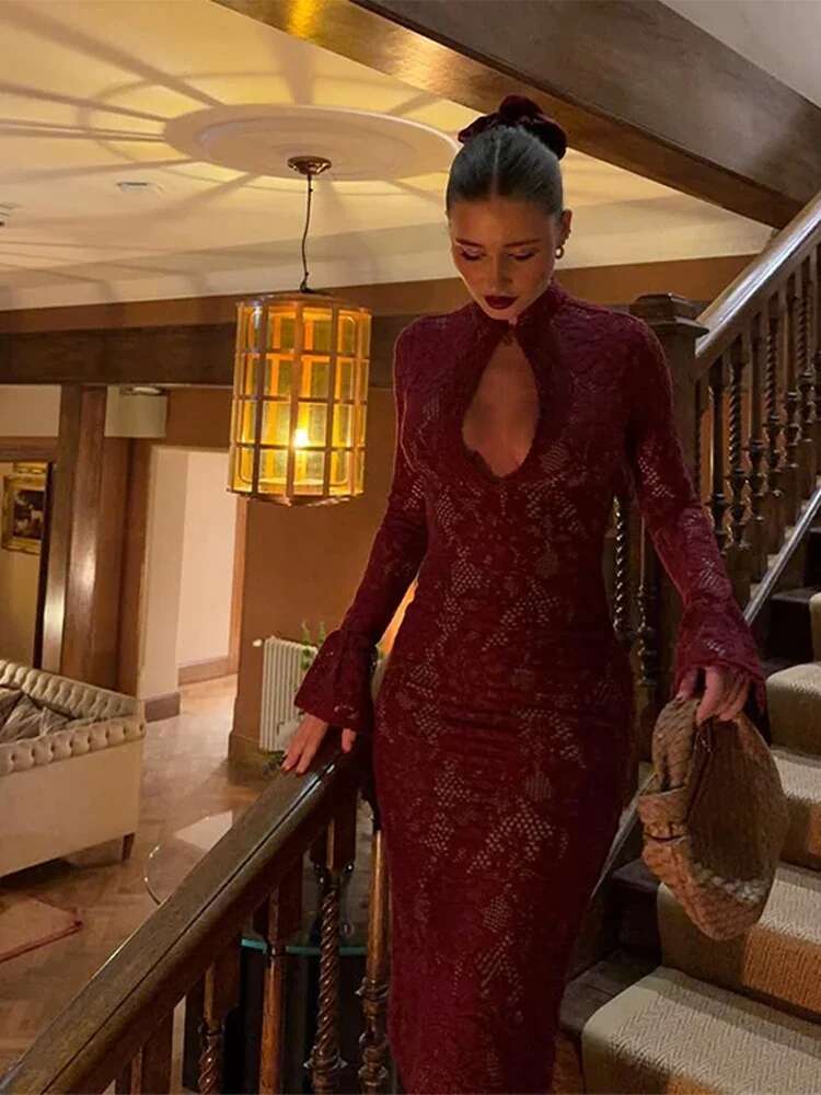 Lace Bodycon Midi Dress For Women Sexy Hip Package Hollow Out Evening Dresses Female Party Chic Lady Long Sleeve Vestidos
