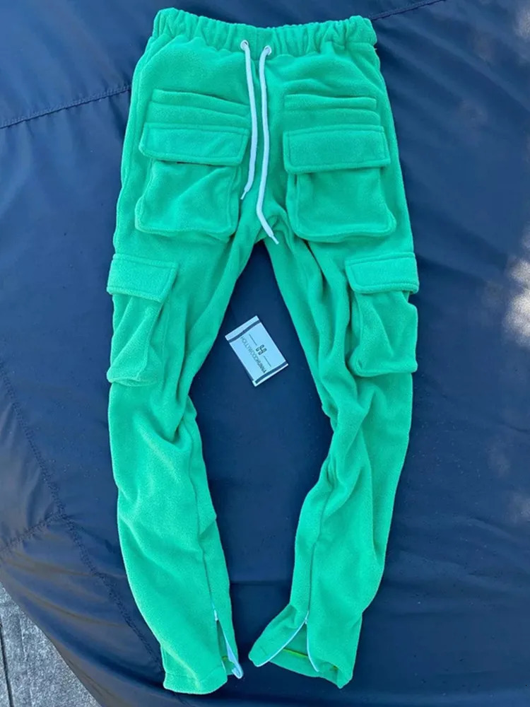 Men Oversized Cargo Pants Streetwear Long Step Pants Solid color wool three-dimensional Pockets Slim Panelled Warm trousers male 250217