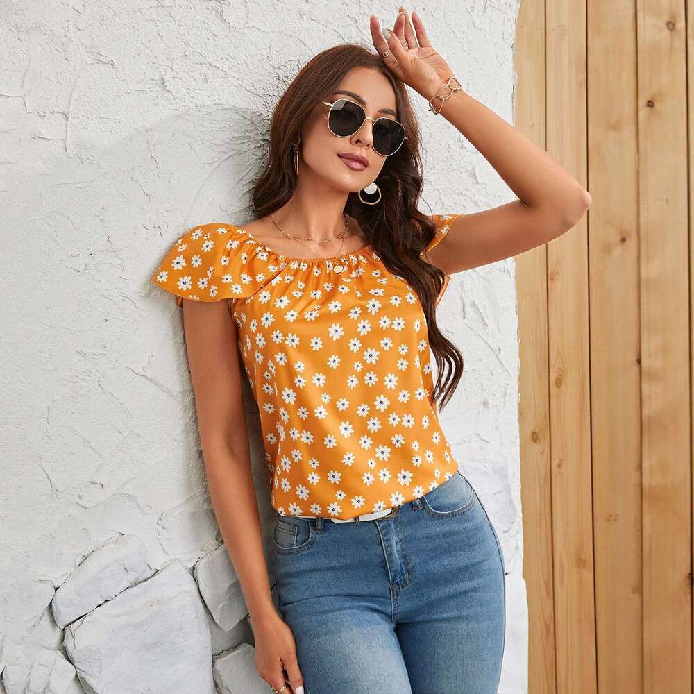 Off Shoulder Women's Chiffon Shirts Summer New Style Elegant Ral Slash Neck Tops
