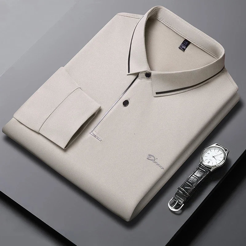 mens business casual long sleeved shirt with badge solid color polo fashionable breathable and comfortable lapel top 250219