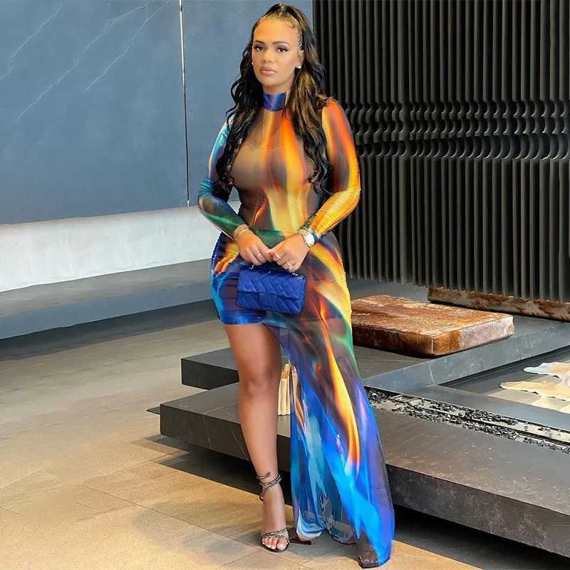 Basic Casual Dresses Lygens Flare Tie Dye Print Long Slve Bodycon Women Dress Fashion Elegant Ladies Evening Casual Party Wholesale Clothes H25217