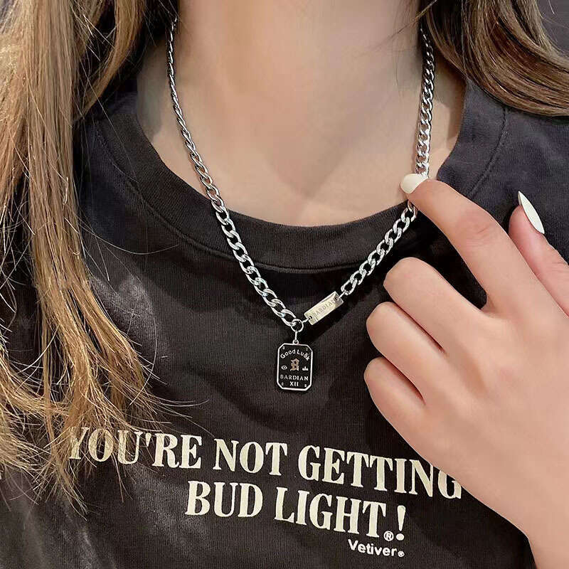 Fang Pai Letter Titanium Steel Necklace for Boys Hip Hop Trend Light Cuban Street clavicle Chain High Sense Female Pendant