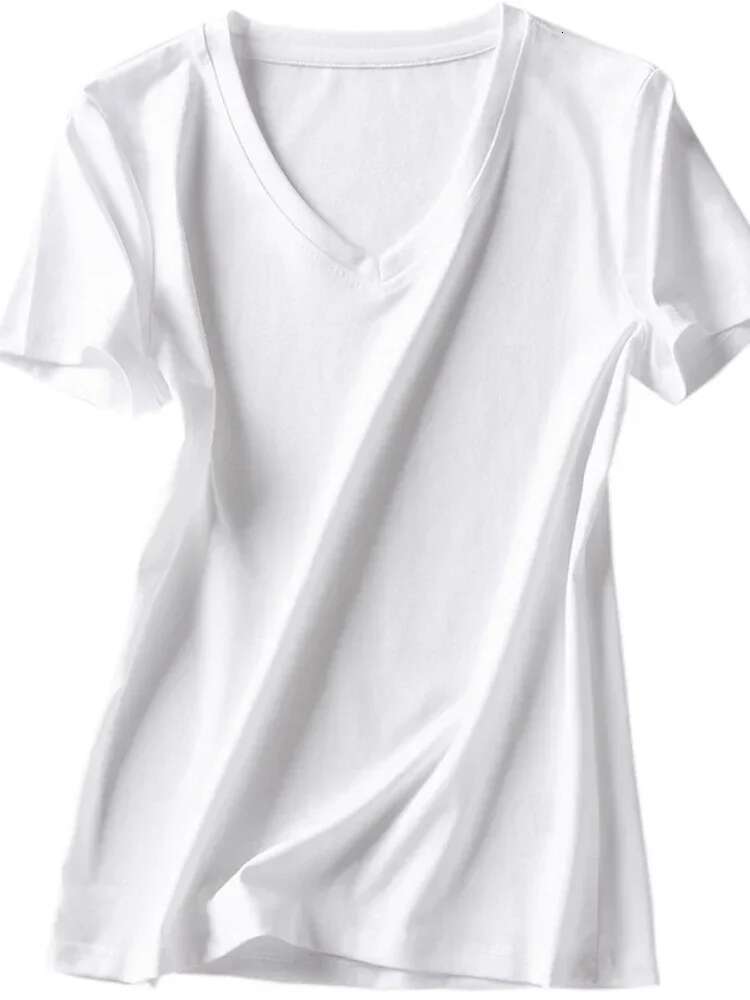 Summer 80 Thread Silk Cotton Fashionable Short Sleeved Tshirt For Women's Casual Basic V-neck T-shirts Solid Color Plus Size Tops Designer T Shir
